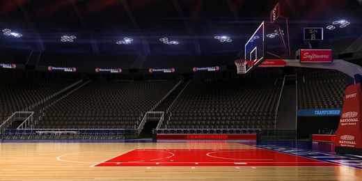 basketball court. sport arena.photoreal 3d render background. blured in long shot distance(like leans optical), a little noise (like photography)