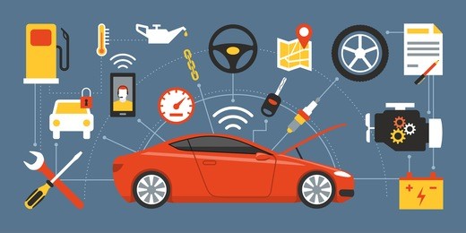 car mainteinance and repair concept, red luxury car surrounded by auto parts, tools and icons