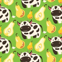 cow and pears: vector seamless pattern on green background. children cute illustration. good for children textile