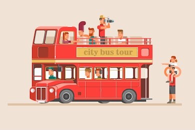 people go on the red tourist bus and take pictures of landmarks. 3d vector illustration.