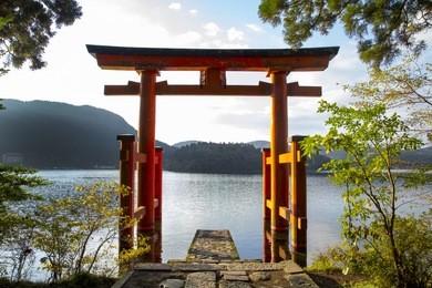 hakone shrine's gate and lake ashi