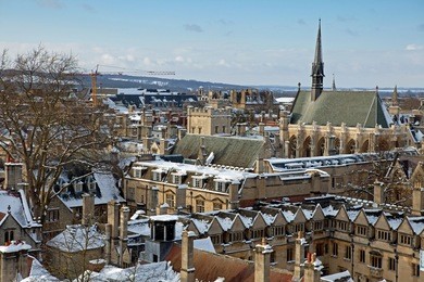 view of oxford, above the top of lincoln and exeter colleges, uk