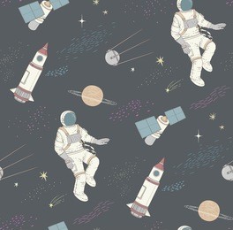 seamless pattern with colorful space, astronaut, rockets and satellites