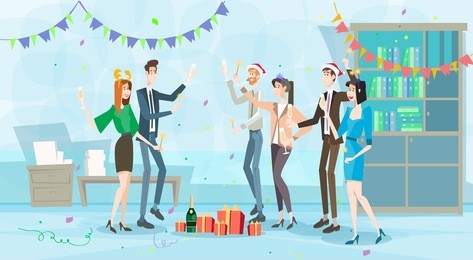 businesspeople celebrate merry christmas and happy new year business people team santa hat flat vector illustration