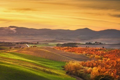 autumn, panorama in tuscany, rolling hills, woods and fields on sunset. rural landscape. pisa, italy europe
