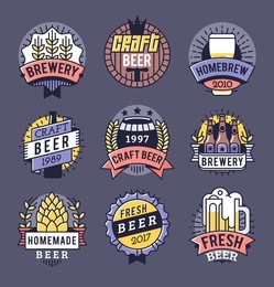 vector line art badge. craft beer logo. vintage label for brew house or pub. retro brewery template and design element.