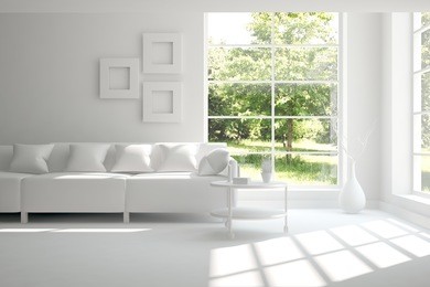 white room with sofa and green landscape in window. scandinavian interior design. 3d illustration