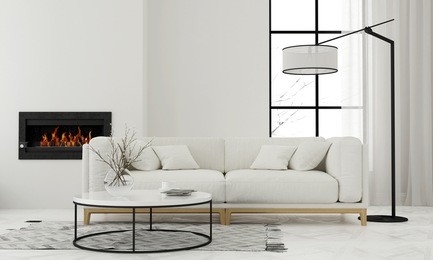 3d illustration. modern white living room with minimalist fireplace