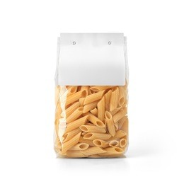 transparent plastic pasta bag with paper label isolated on white background. packaging template mockup collection. with clipping path included. stand-up front view. penne rigate shape