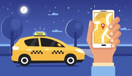 taxi at night concept. man call a taxi by smartphone. vector illustration.