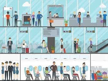 airport terminal set. business travel, vacation, tourism. boarding passengers with luggage and tickets. sitting in the plane.