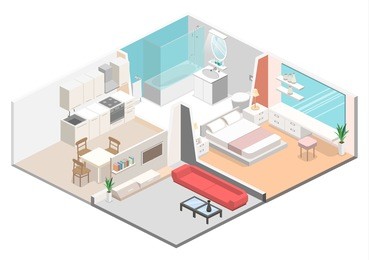 isometric flat 3d concept vector interior of studio apartments with kitchen, bathroom, living room and bedroom