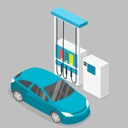 isometric flat 3d concept vector outside gas station, petrol station