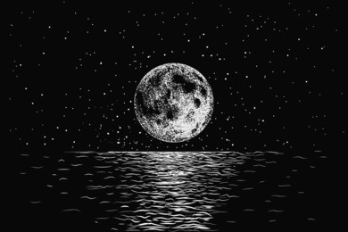 moon reflecting in a sea.dotwork.hand drawn style.vector illustration