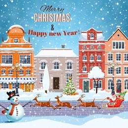 christmas santa claus riding on sleigh with christmas reindeer on winter city street. concept for greeting and postal card, invitation, template, illustration. christmas vintage card raster version