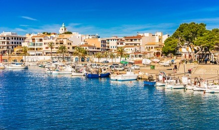 spain majorca island, view of cala ratjada port with boats, mediterranean sea, balearic islands.