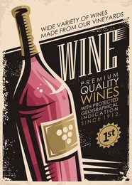 wine retro poster design with red wine bottle on old paper background. premium quality wines with protected geographical indication since 1912.