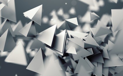 abstract 3d rendering of chaotic low poly shapes. flying polygonal pyramids in empty space. futuristic background with bokeh effect. poster design.