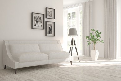 white room with sofa and urban landscape in window. scandinavian interior design. 3d illustration