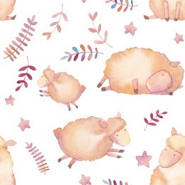 watercolor lambs seamless pattern. hand drawn cartoon wallpaper design with young sheep, stars and decorative plants on white background. cute repeating texture in baby style