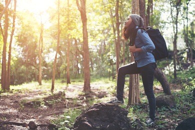 hipster young woman hiking holiday, wild adventure.