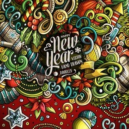cartoon cute doodles hand drawn happy new year frame design. colorful detailed, with lots of objects background. funny vector illustration. bright colors border with christmas items