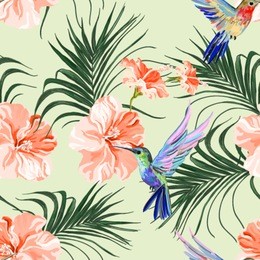 beautiful seamless vector floral summer pattern background with hummingbird, palm leaves, hibiscus. perfect for wallpapers, web page backgrounds, surface textures, textile.