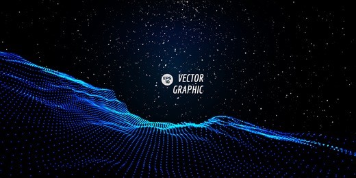 abstract digital landscape with flowing particles and stars on horizon. cyber or technology background.vector illustration.