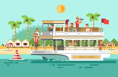tourists traveling on a cruise boat and take pictures of palm trees and islands. vector illustration.