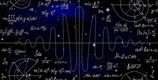 mathematical vector endless seamless pattern with formulas, figures and calculations handwritten on the background of stars. scientific space endless texture