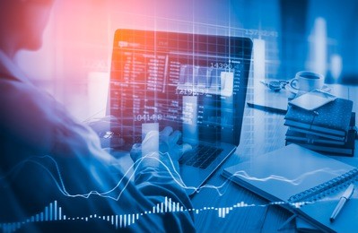 stock market indicator and financial data view from led. double explosure  financial graph and stock indicator including stock education or marketing analysis. abstract financial indicator background.