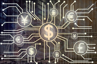 abstract photo of fintech connection over the stack of gold coins and american dollars money over the led display stock market exchange data background,showing the cryptocurrency or digital money