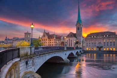 zurich. cityscape image of zurich, switzerland during dramatic sunset.
