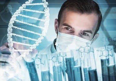young scientist mixing reagents in glass flask in clinical laboratory