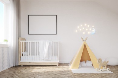 baby room interior with a crib, a tent, a poster and a moon. concept of happy childhood. 3d rendering. mock up.