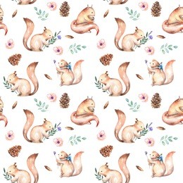 seamless pattern with watercolor squirrels, fir cones and oak acorns, hand drawn isolated on a white background