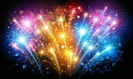 festive colorful fireworks on black background. vector illustration