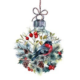 watercolor christmas glass ball made of made of coniferous branches, pine cones, hawthorn, holly berry and mistletoe, bullfinches on jute rope. holiday decoration print design template. vintage style.