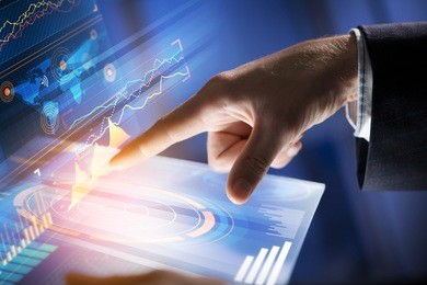 businessman hand touching with finger virtual panel with infographs