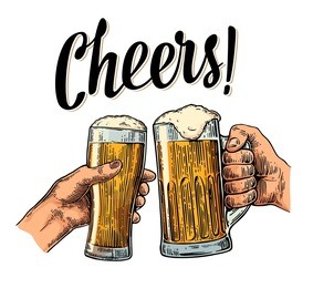 female and male hands holding and clinking with two glasses beer. cheers toast lettering. vintage vector color engraving illustration for web, poster, invitation to party. isolated on white background