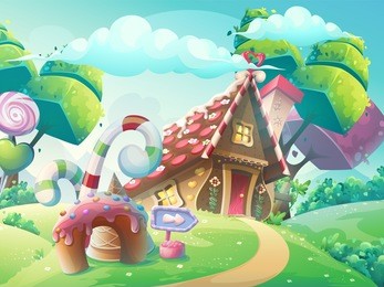 vector cartoon illustration background sweet candy house with fantasy trees, funny cake and caramel.