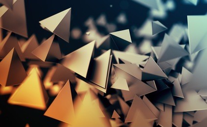 abstract 3d rendering of chaotic low poly shapes. flying polygonal pyramids in empty space. futuristic background with bokeh effect. poster design.