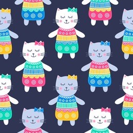 cute kittens. vector seamless pattern with hand drawn flat cat girls in dress. childish background. bright colors - yellow, pink, green, blue, white. on black background.