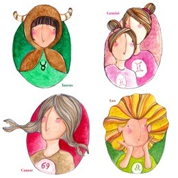 cute zodiac sign set of the girl, taurus, gemini, cancer, leo.