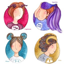 cute zodiac sign set of the girl, capricorn, pisces, aquarius, aries.