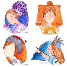 cute zodiac sign set of the girl, virgo, libra, scorpio, sagittarius.