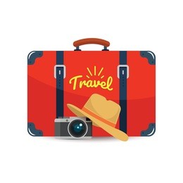 tourist suitcase, camera and hat. element for your travel design. vector illustration.
