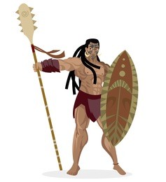 maori brave warrior with shield and shark teeth weapon