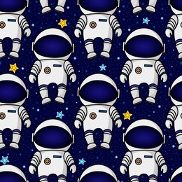 colorful seamless cartoon space pattern with astronauts and stars on starry night sky background. space travel seamless pattern with astronauts and stars