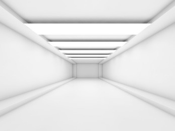 abstract empty white tunnel background with stripes of decorative ceiling light panels, contemporary minimal open space office interior design, 3d illustration